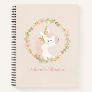 Cute Unicorn Floral Wreath Blush Pink Custom Name Notebook