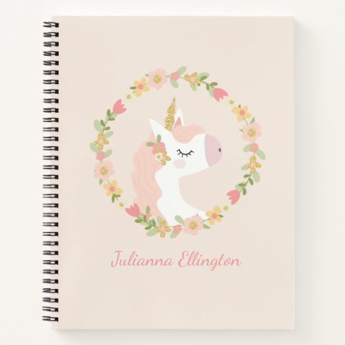 Cute Unicorn Floral Wreath Blush Pink Custom Name Notebook
