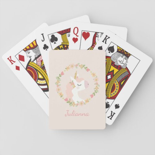 Cute Unicorn Floral Wreath Blush Pink Custom Name Playing Cards