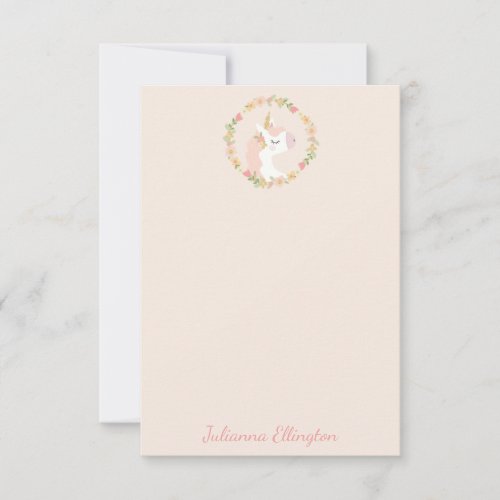 Cute Unicorn Floral Wreath Blush Pink Custom Name Thank You Card