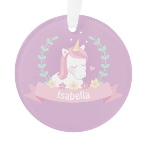 Cute Unicorn Floral Wreath Girls Purple Ornament
