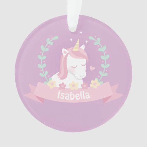 Cute Unicorn Floral Wreath Girls Purple Ornament