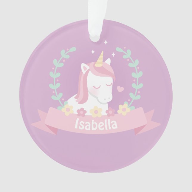 Cute Unicorn Floral Wreath Girls Purple Ornament (Front)