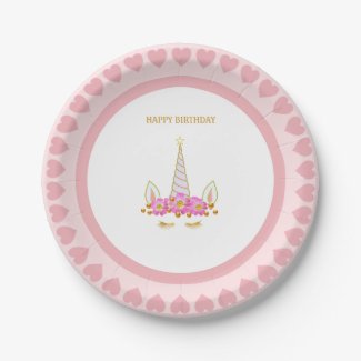 Cute Unicorn, Flowers and Gold Confetti Birthday P
