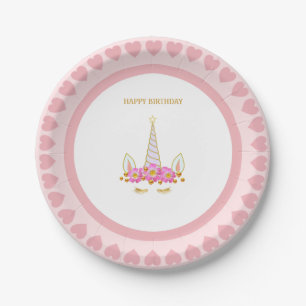 Cute Unicorn, Flowers and Gold Confetti Birthday P Paper Plates
