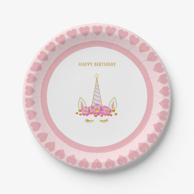 Cute Unicorn, Flowers and Gold Confetti Birthday P Paper Plates (Front)
