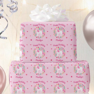 Cute Unicorn Flowers Birthday Pink Name Wrapping Paper