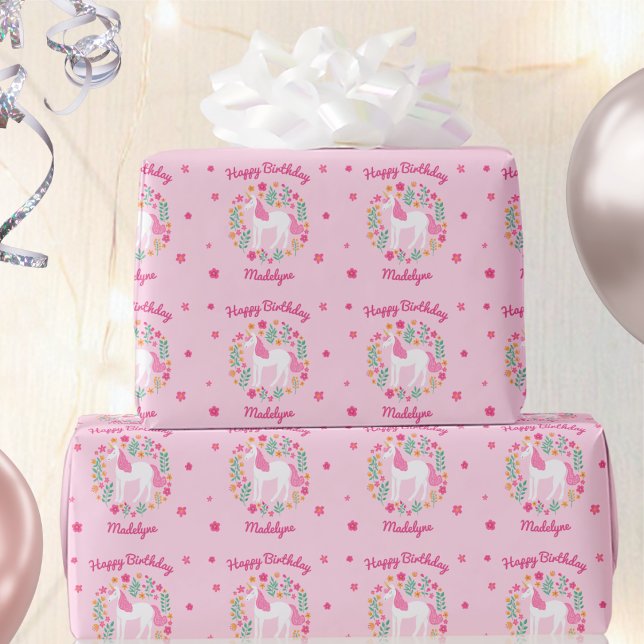 Cute Unicorn Flowers Birthday Pink Name Wrapping Paper (Creator Uploaded)