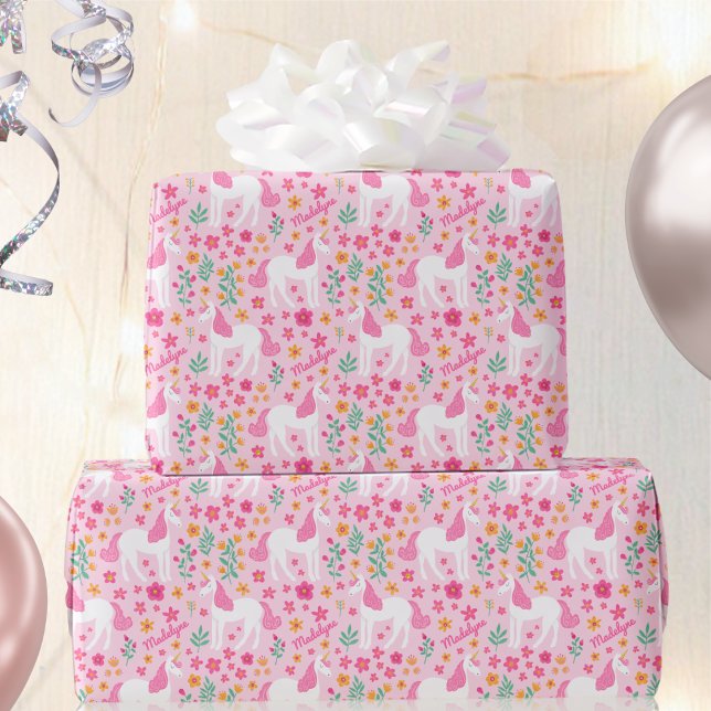Cute Unicorn Flowers Birthday Pink Name Wrapping Paper (Creator Uploaded)