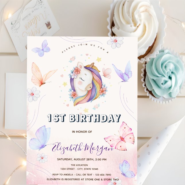 Cute Unicorn Flowers Butterflies Striped Birthday Invitation (Creator Uploaded)