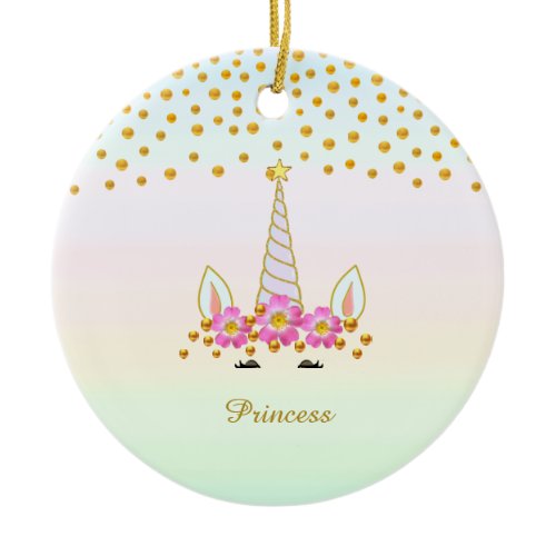 Cute Unicorn, Flowers &amp; Gold Confetti Ceramic Ornament