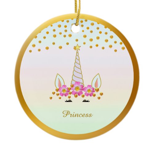 Cute Unicorn, Flowers &amp; Gold Confetti Ceramic Ornament