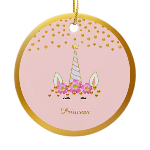 Cute Unicorn, Flowers &amp; Gold Confetti Ceramic Ornament