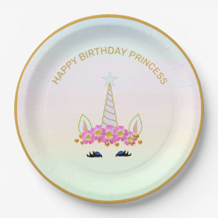 Cute Unicorn, Flowers & Gold Dots on Pastel Shades Paper Plates