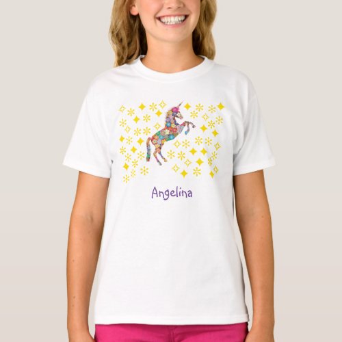 Cute Unicorn Flowers Golden Stars Personalize Name T_Shirt