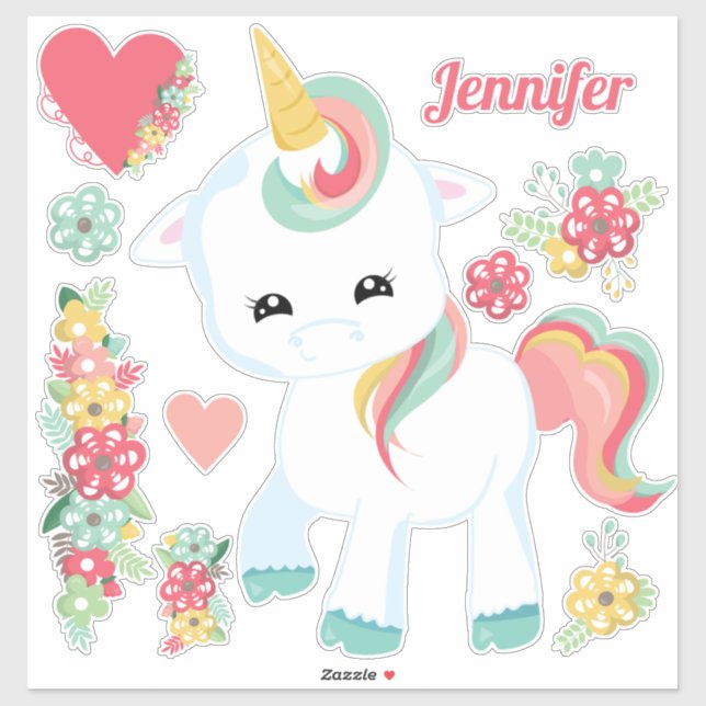 Cute Unicorn Flowers Hearts Girly Sticker (Sheet)