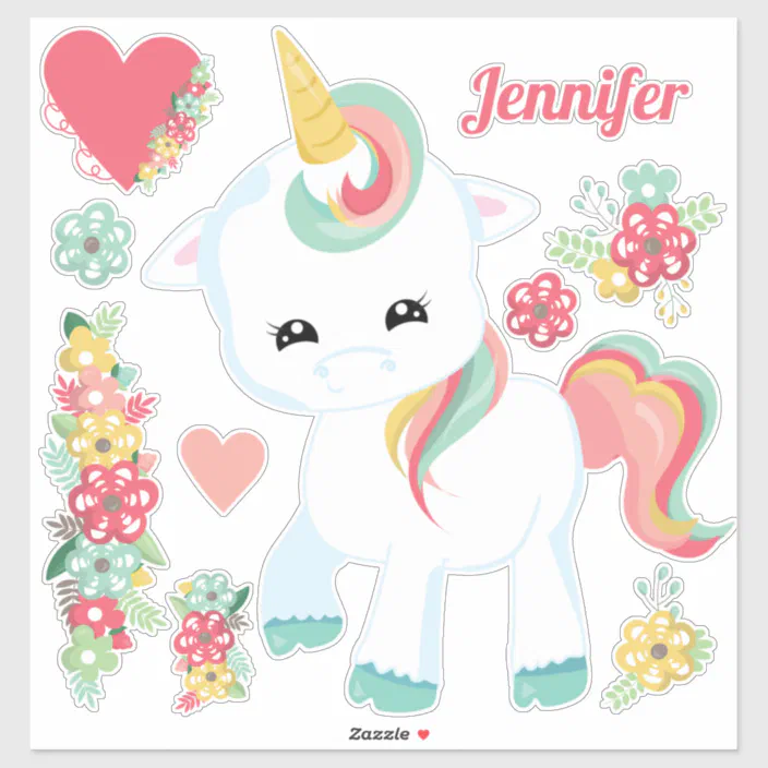 cute unicorn flowers hearts girly sticker zazzle com