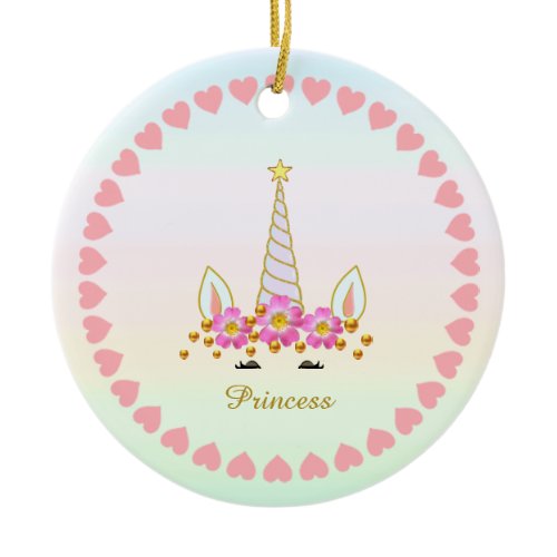 Cute Unicorn, Flowers, Hearts &amp; Gold Confetti Ceramic Ornament