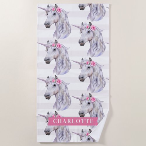 Cute Unicorn Flowers on Head Stripe Background Beach Towel