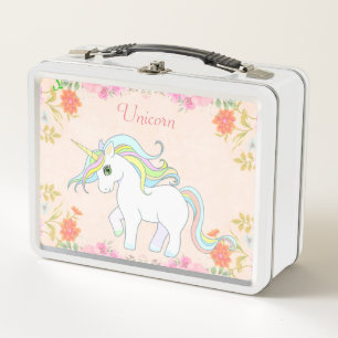 Cute Unicorn & Flowers on Light Pink Metal Lunch Box