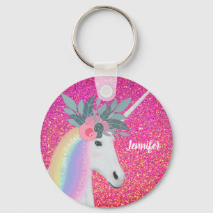 Cute Unicorn Flowers Pink Glitter Sparkle Custom Keychain