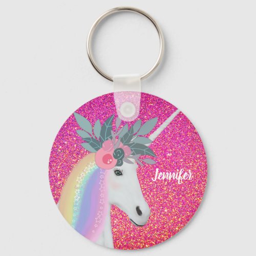 Cute Unicorn Flowers Pink Glitter Sparkle Custom Keychain