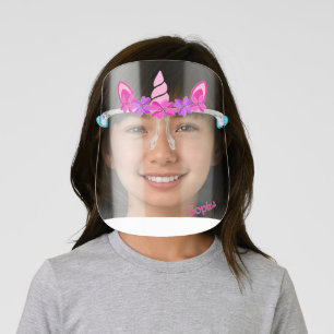 Cute Unicorn Flowers Pink Purple Personalized Name Kids' Face Shield