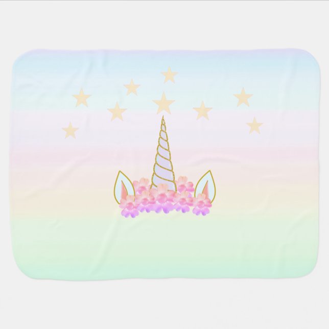 Cute Unicorn Flowers & Stars Baby Blanket (Horizontal)