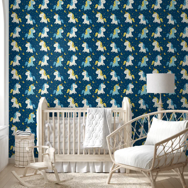Cute Unicorn flying in Sky Moon Stars Pattern Wallpaper | Zazzle