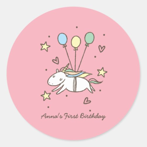 Cute Unicorn Flying on Balloons Birthday Classic Round Sticker