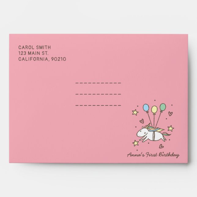 Cute Unicorn Flying on Balloons Birthday Envelope (Front)