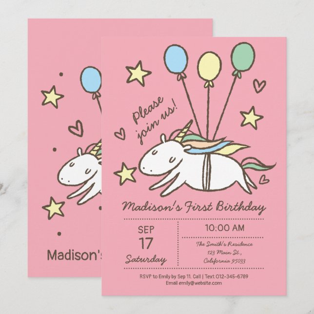 Cute Unicorn Flying on Balloons Birthday Invitation (Front/Back)