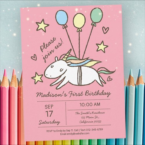 Cute Unicorn Flying on Balloons Birthday Postcard