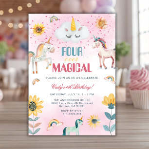 Cute Unicorn Four Ever Magical 4th Party Birthday Invitation