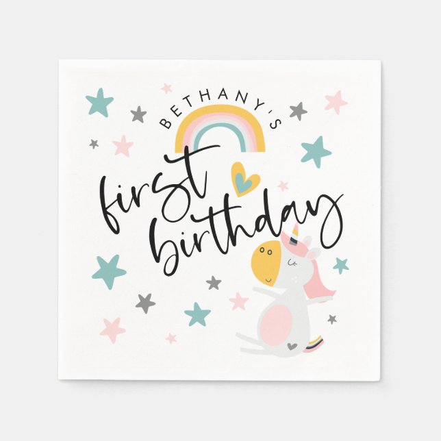 Cute Unicorn  Girl 1st Birthday Napkins (Front)