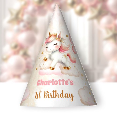 Cute Unicorn Girl 1st Birthday Pink Beige Paper Party Hat