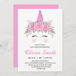 Cute Unicorn Girl Baby Shower With Pink Name Invitation