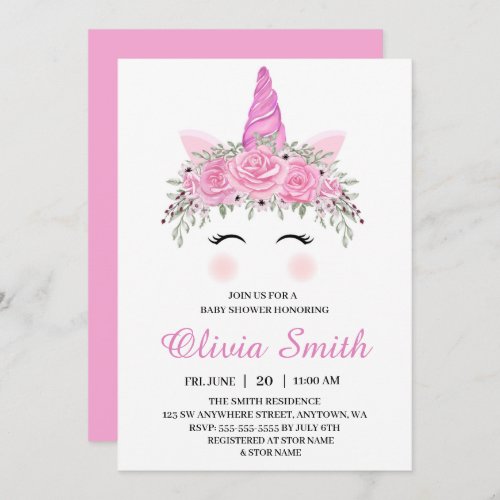 Cute Unicorn Girl Baby Shower With Pink Name Invitation