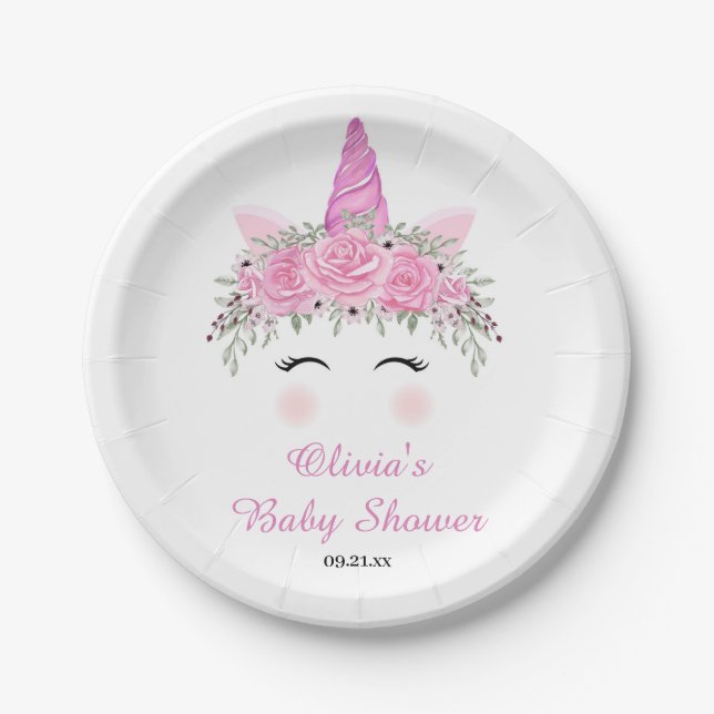 Cute Unicorn Girl Baby Shower With Pink Name Paper Plates (Front)