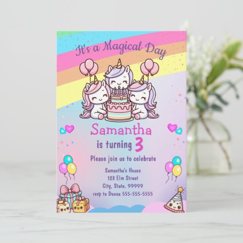 Cute Unicorn Girl Birthday Invitation