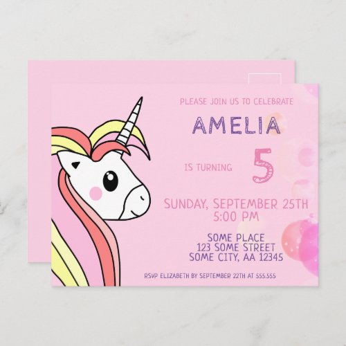Cute Unicorn Girl Birthday Party Invitation Postcard