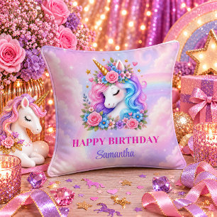 Cute Unicorn Girl Birthday Pink Purple Dream Pillo Throw Pillow