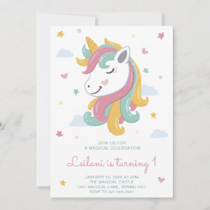 Cute Unicorn Girl First Birthday Invitation
