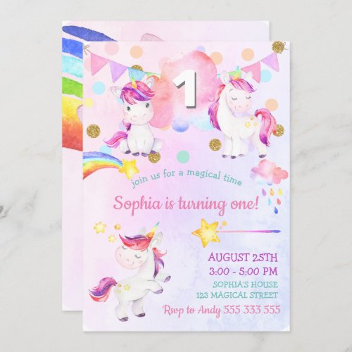 Cute Unicorn Girl First Birthday Magical Rainbow Invitation