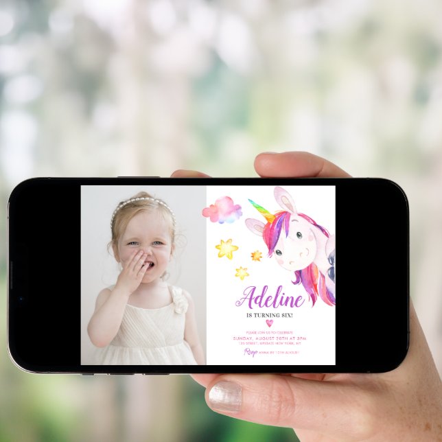 Cute Unicorn Girl Magical Birthday Rainbow Photo  Invitation (Front Digital)
