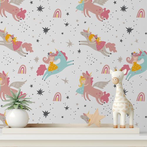 Cute Unicorn Girl Modern Kids Pattern Wallpaper