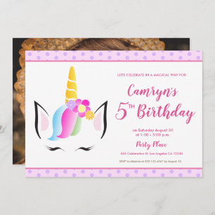 Cute Unicorn Girl's 5th birthday Party photo Invitation