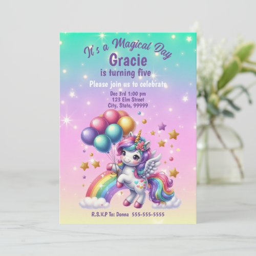 Cute Unicorn Girls Birthday Invitations