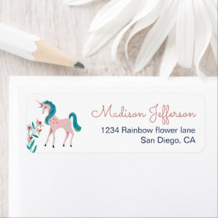 Cute Unicorn Girls Return Address Label Rainbow