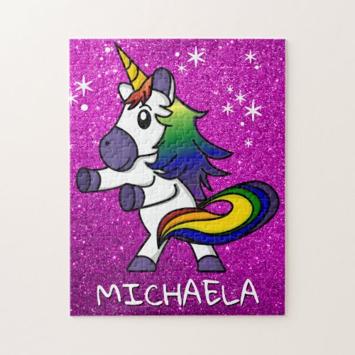 Cute Unicorn Girly Rainbow Cartoon Purple Name Jigsaw Puzzle